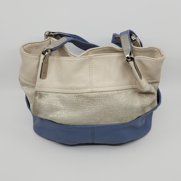 B Makowsky Silver Metallic Baby Blue Colorblock Leather Double Handle Shoulder B - Picture 4 of 16